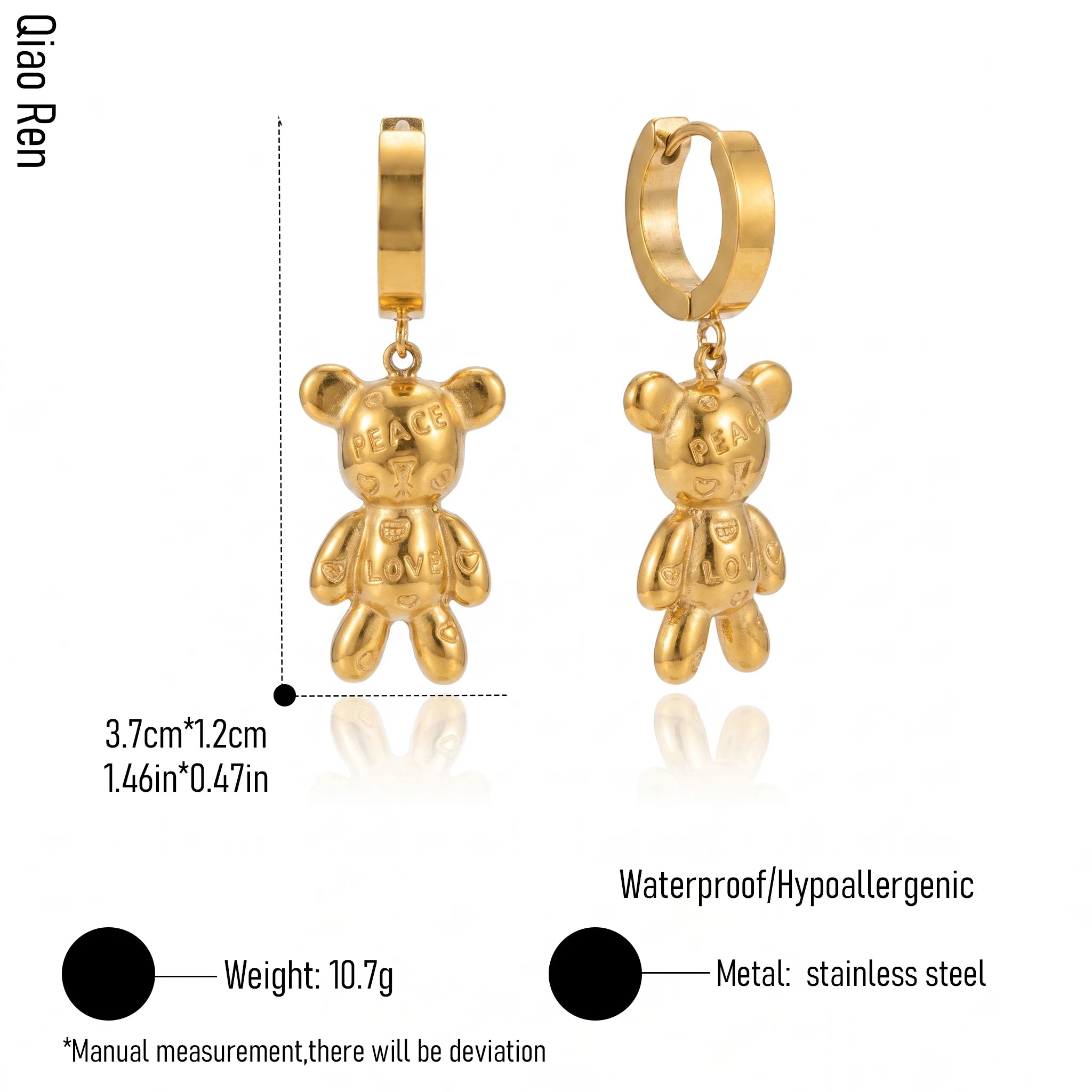 QIAOREN 14378 Peace Love Engraved Teddy Bear Dangle Huggie Hoop Earrings, Stainless Steel Drop Earrings Jewelry Gift for Daily