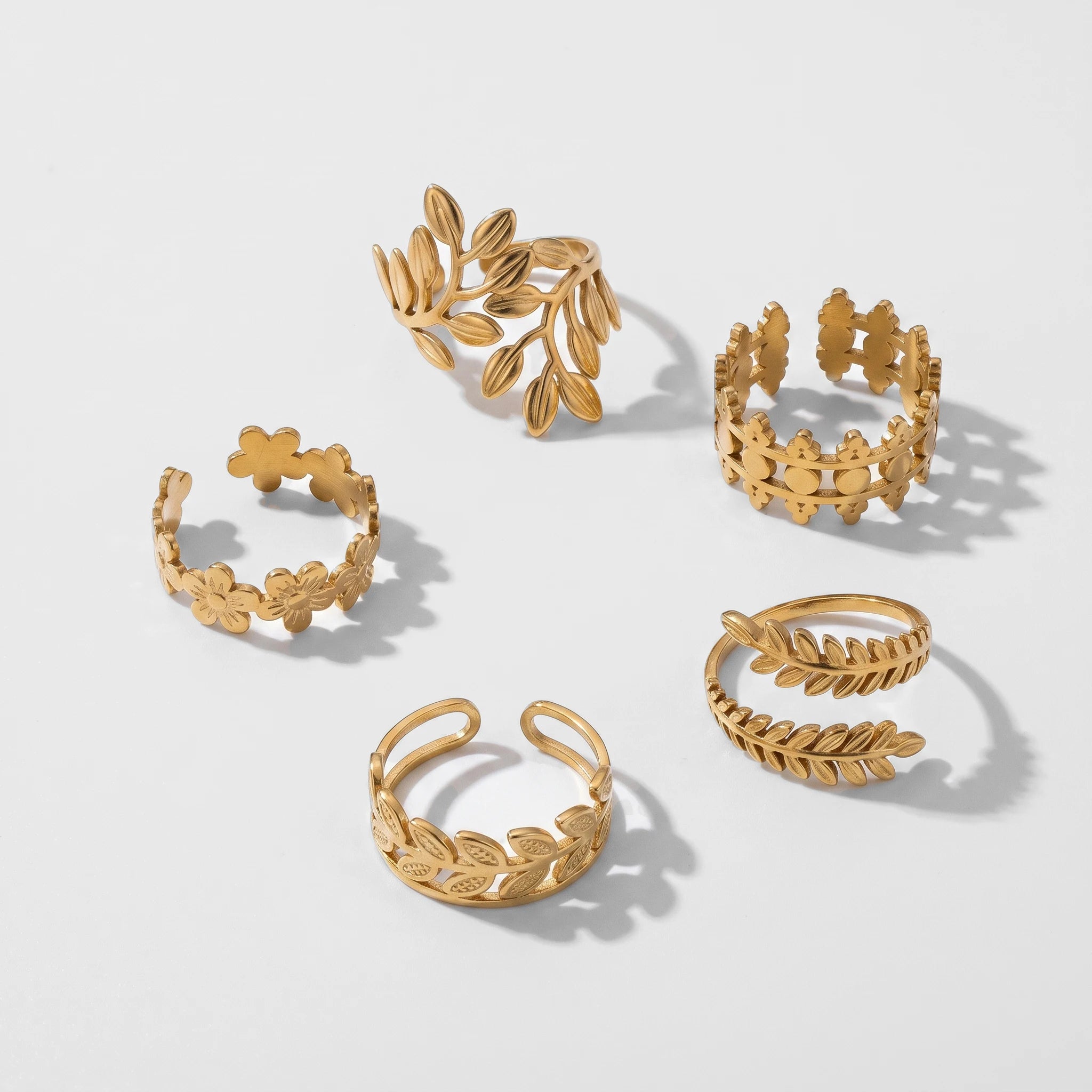 QIAOREN 5Pcs Boho Leaf Flower Gold Stainless Steel Rings Set Tarnish Free Adjustable Stackable Open Cuff Rings for Women