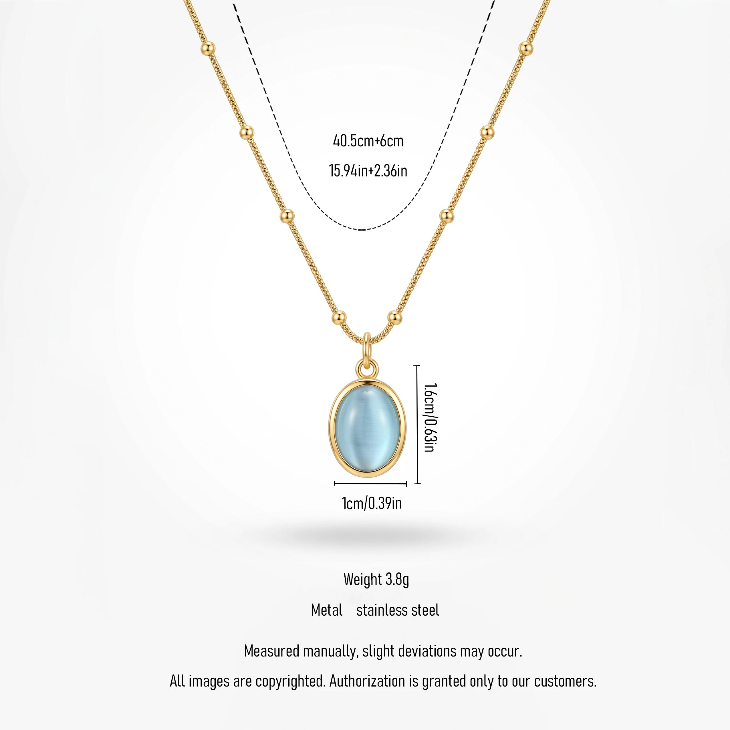 QIAOREN 13477 Dainty Beaded Snake Chain Oval Light Blue Cat Eye Pendant Necklace, Minimalist Cool Tone Necklace