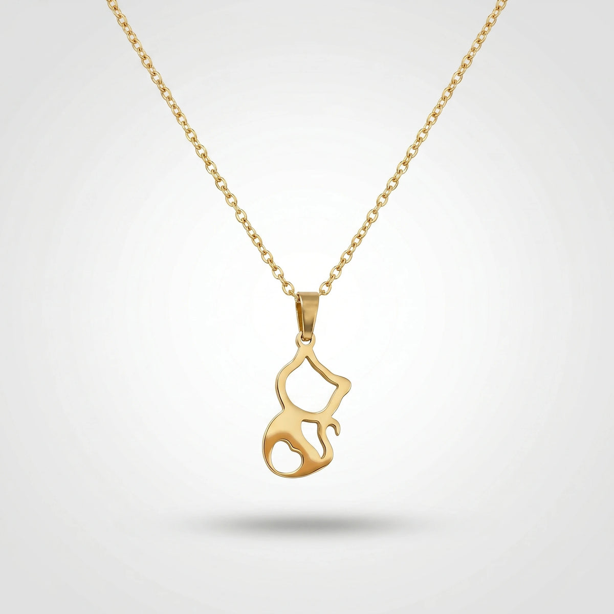 QIAOREN 11285 18K Gold Plated Hollow Cat Pendant O-Chain Necklace Stainless Steel Tarnish Free Waterproof Jewelry