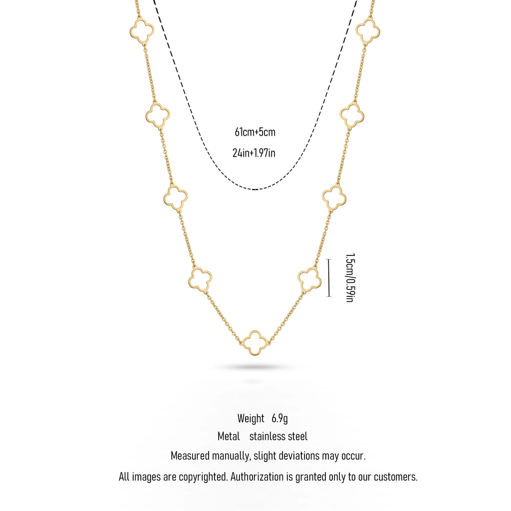 QIAOREN 11357 18K Gold Plated Open Clover Station Necklace Stainless Steel Tarnish Free Waterproof Jewelry