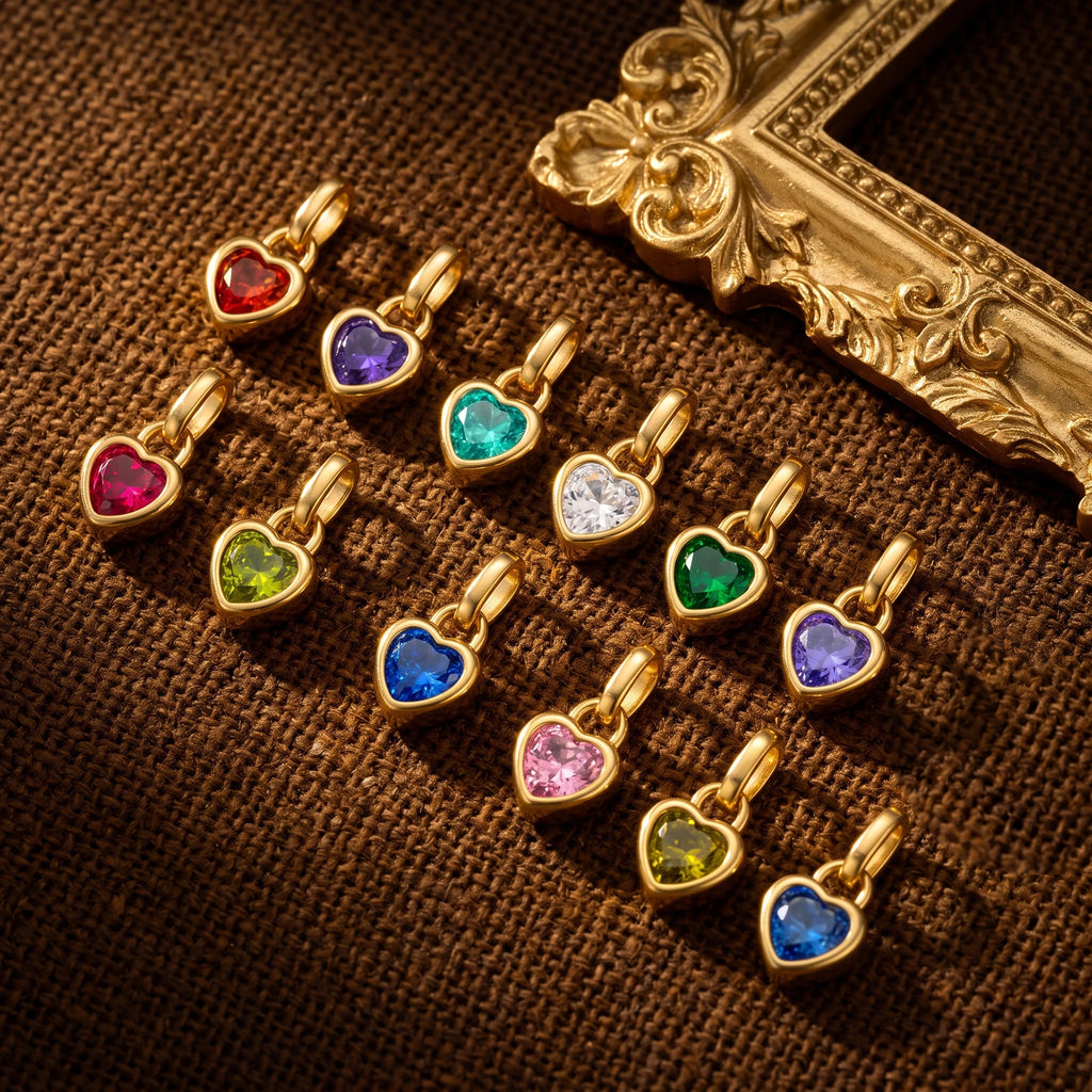 QIAOREN 13906-17 Birthstone Bezel Set Heart Shape Charm Pendant with Multicolor CZ Stone for Making DIY