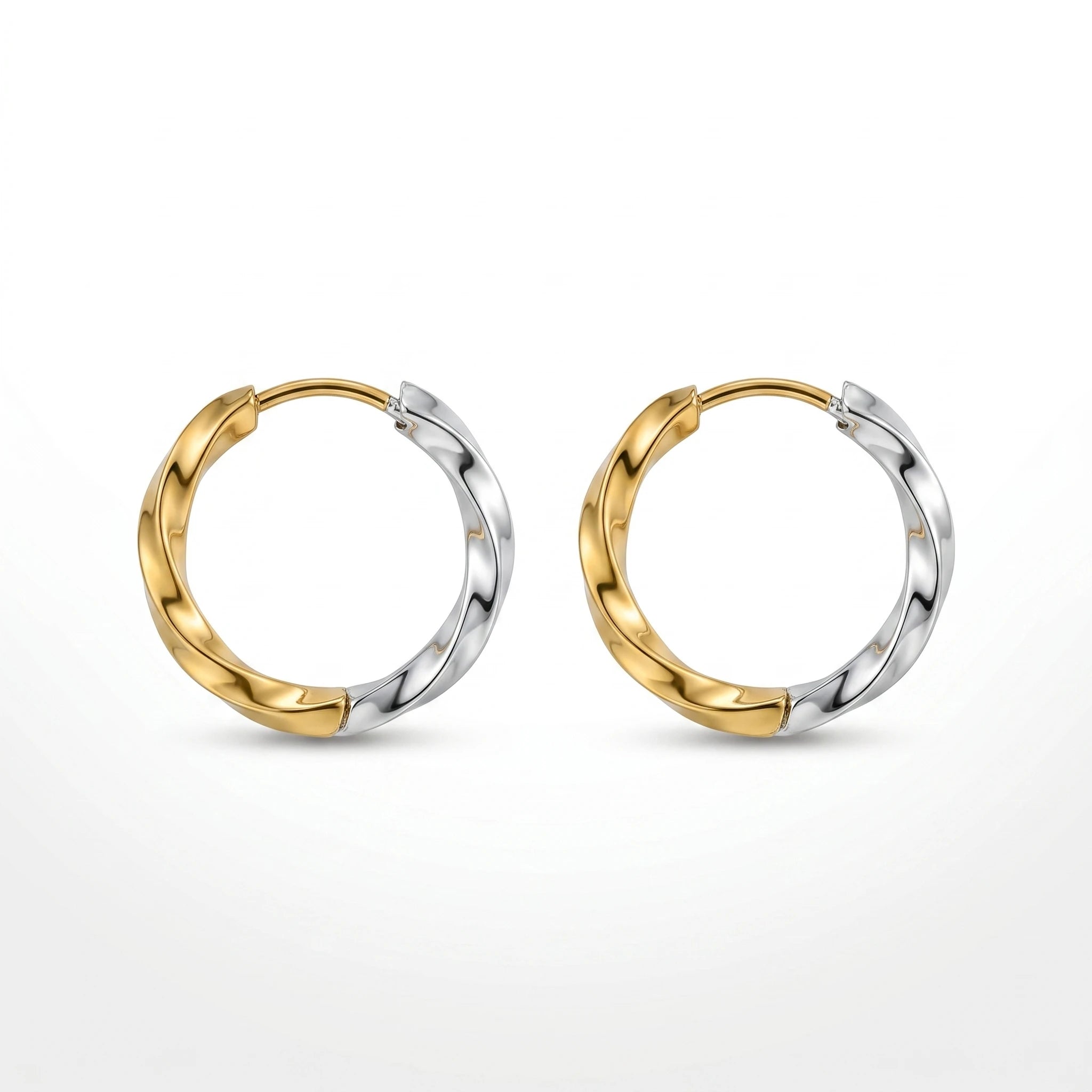 QIAOREN 12755 Stainless Steel Two Tone Twisted Hoop Earrings Silver Gold Mixed Metal Small Huggie Ear Jewelry for Women