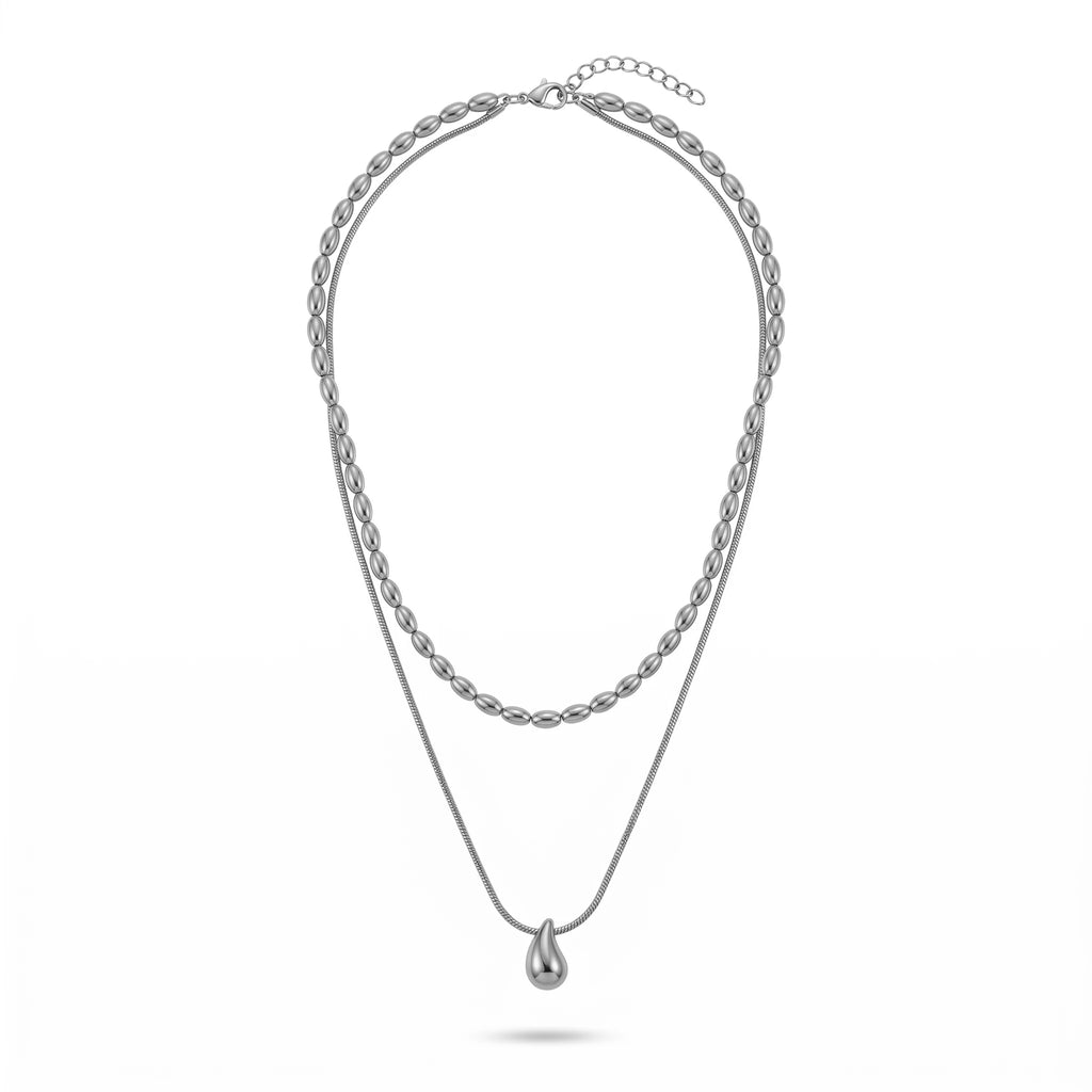 QIAOREN 11075 Stainless Steel Double Layer Necklace Rice Bead Snake Chain Teardrop Pendant Adjustable Gold Women Jewelry Gift