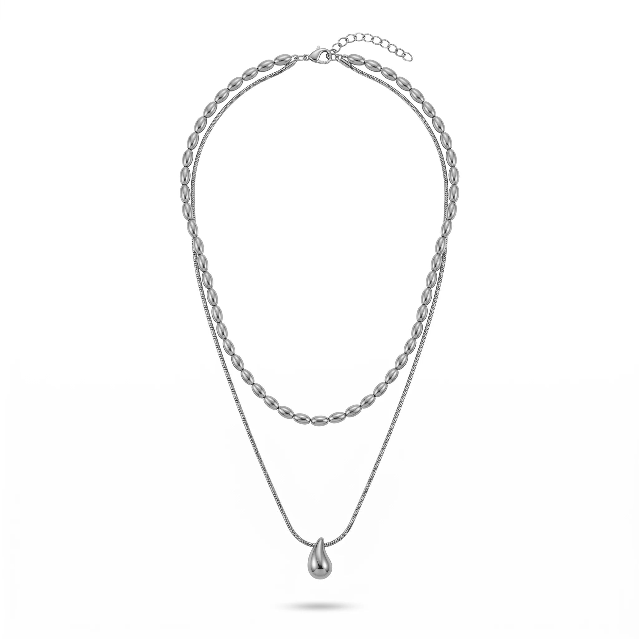 QIAOREN 11075 Stainless Steel Double Layer Necklace Rice Bead Snake Chain Teardrop Pendant Adjustable Gold Women Jewelry Gift