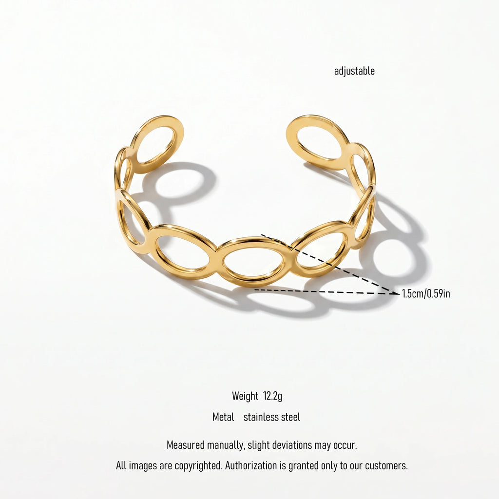 QIAOREN 12706 Minimalist Interlocked Ellipse Cutout Wide Cuff Bangle Hypoallergenic Stainless Steel Gold Bracelet Party Gift