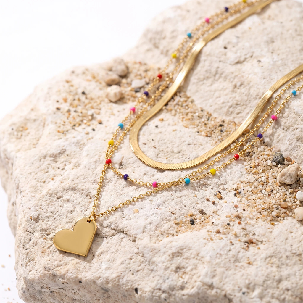 QIAOREN 14414 Layered Herringbone Colorful Bead Heart Pendant Necklace, Stainless Steel Multi Layer Chain Necklace Jewelry Gift