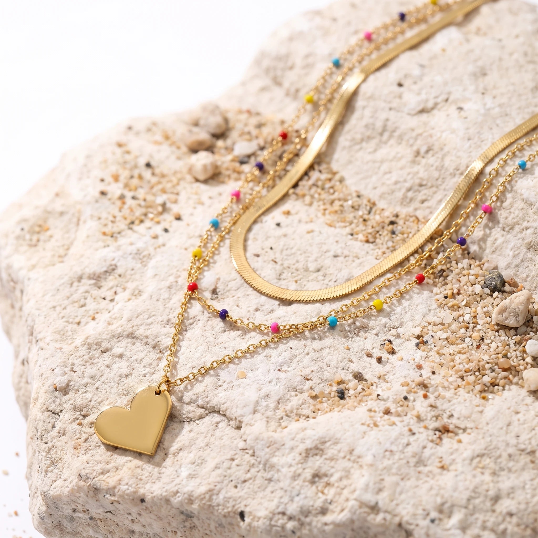 QIAOREN 14414 Layered Herringbone Colorful Bead Heart Pendant Necklace, Stainless Steel Multi Layer Chain Necklace Jewelry Gift