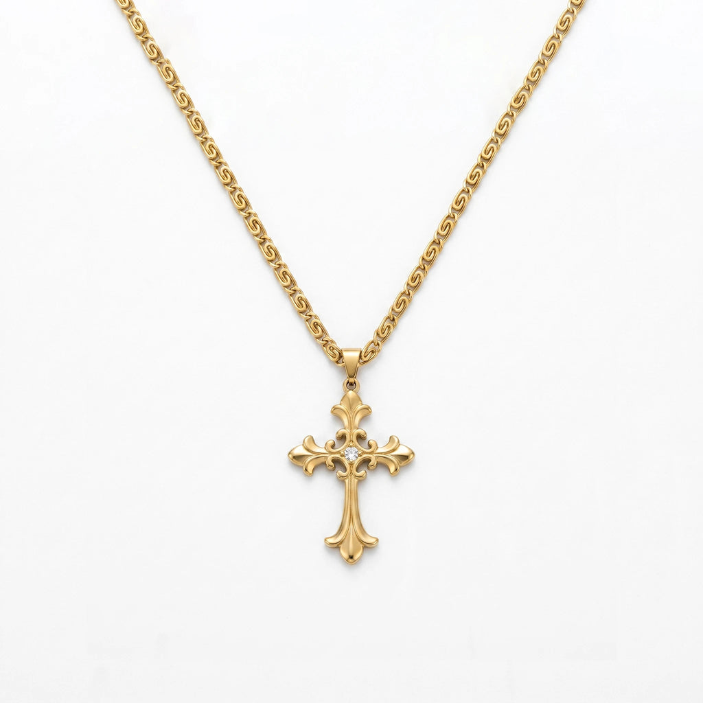 QIAOREN 11969 Wholesale 18K Gold Plated Stainless Steel Cross Pendant Necklace Vintage Engraved Floral Link Chain Engagement