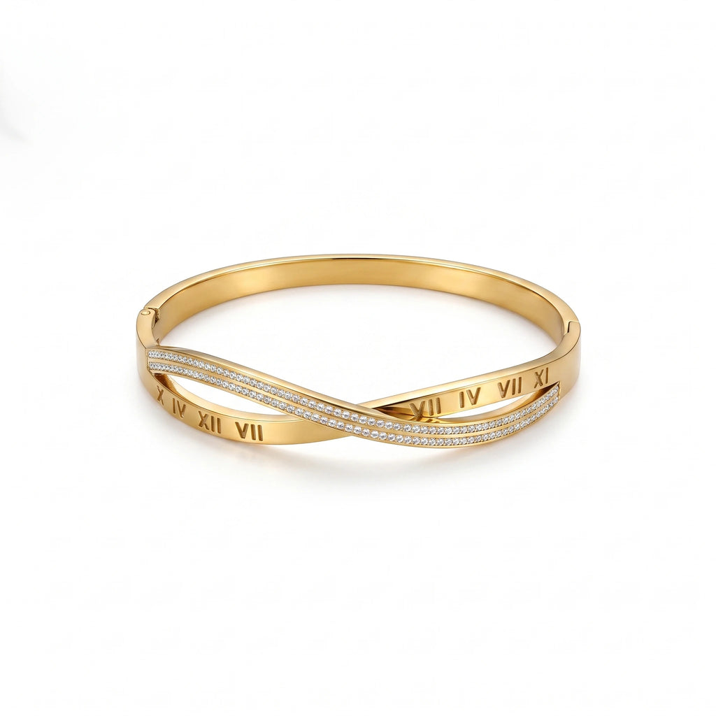QIAOREN 13667 Twisted Interlock Spring Cuff Bangle Engraved Roman Numerals with Full Paved Clear Zircon