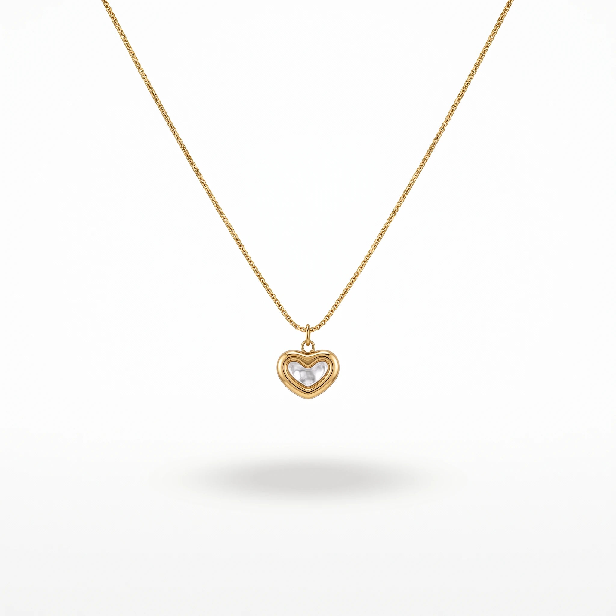 QIAOREN 13512 Dainty Double Layered Heart Pendant Necklace with White Shell Inlay, Smooth Gold Frame Thin Cable Chain Necklace