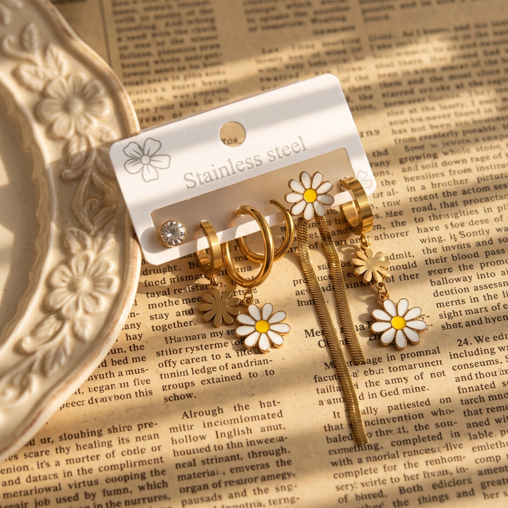 QIAOREN 14488 Daisy Tassel Stainless Steel Enamel Flower Drop Earring Pack, Gold Multi-style Huggie Hoops Stud Earrings