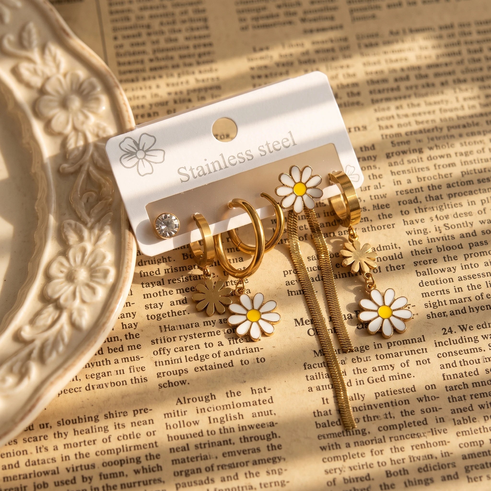 QIAOREN 14488 Daisy Tassel Stainless Steel Enamel Flower Drop Earring Pack, Gold Multi-style Huggie Hoops Stud Earrings