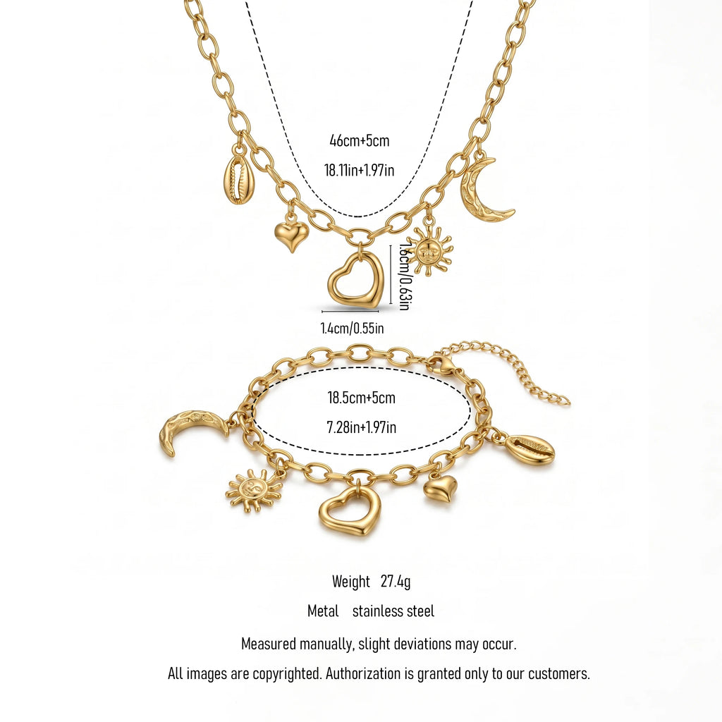 QIAOREN 11685 Boho Beach Sun Moon Shell Charm Jewelry Set 18K Gold Stainless Steel Paperclip Chain Necklace Bracelet