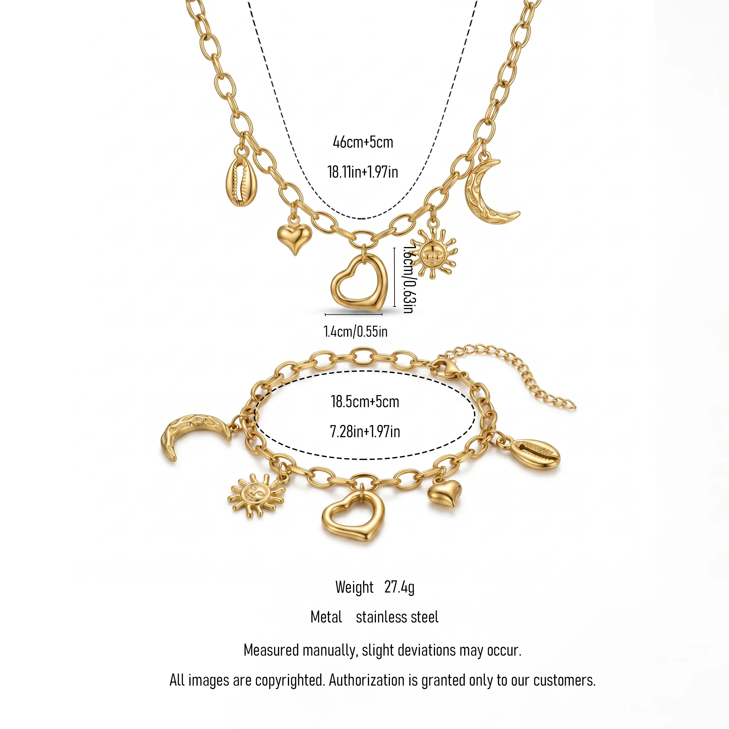 QIAOREN 11685 Boho Beach Sun Moon Shell Charm Jewelry Set 18K Gold Stainless Steel Paperclip Chain Necklace Bracelet