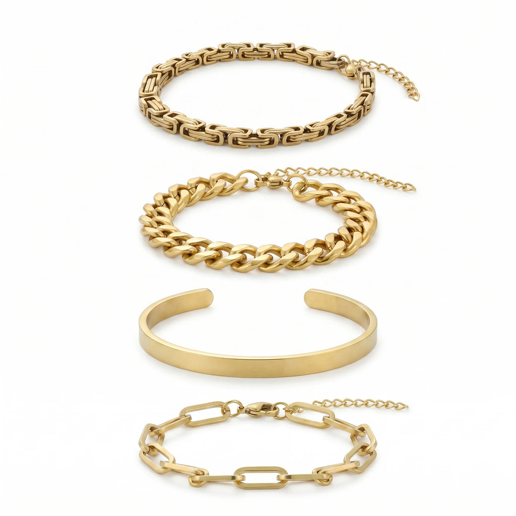 QIAOREN 11527 Modern Stackable Gold Chain Bracelet Set 18K Plated Stainless Steel for Women