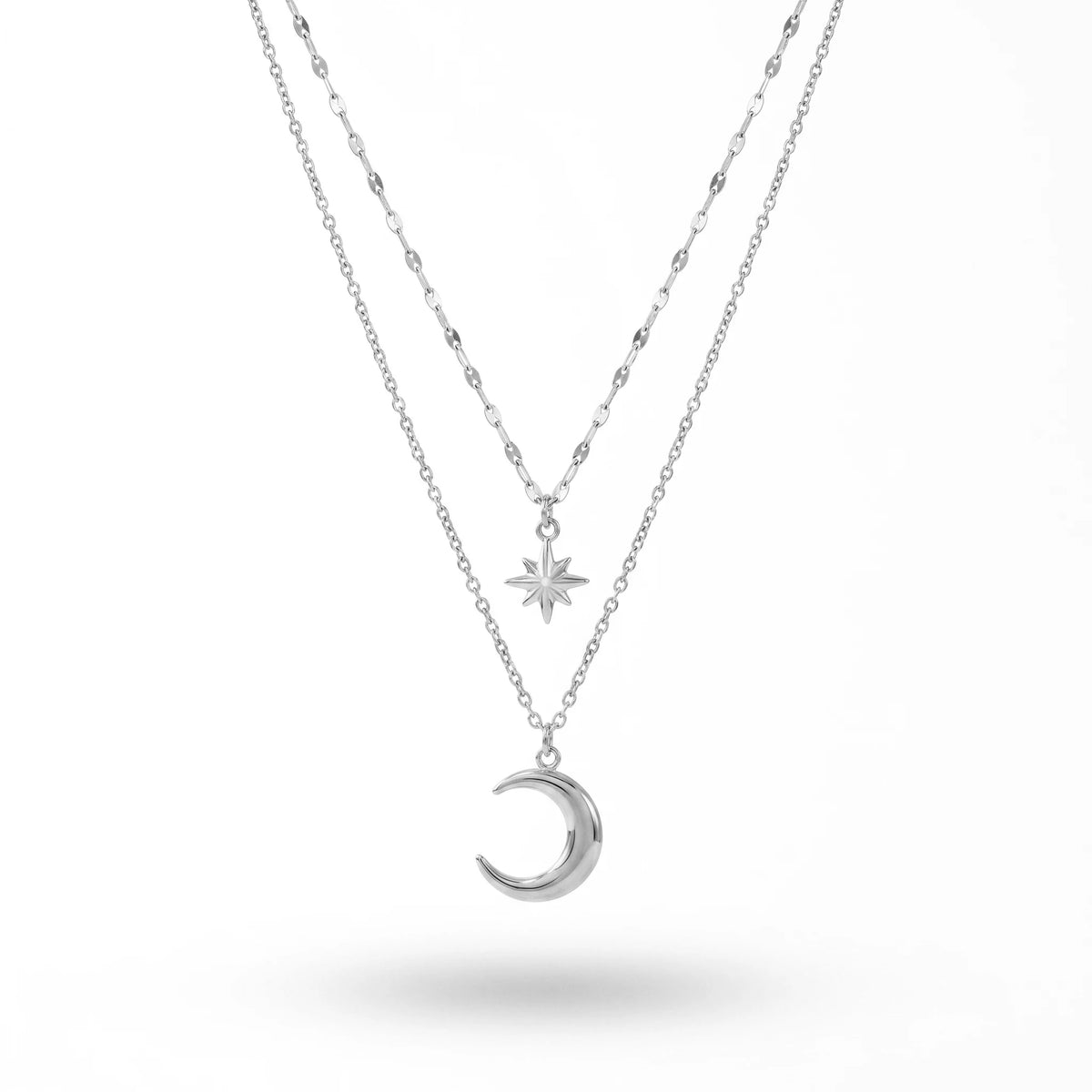 QIAOREN 11408 Tarnish Resistant Waterproof 18K Gold Plated Stainless Steel 2 Tier Star Moon Pendant Necklace