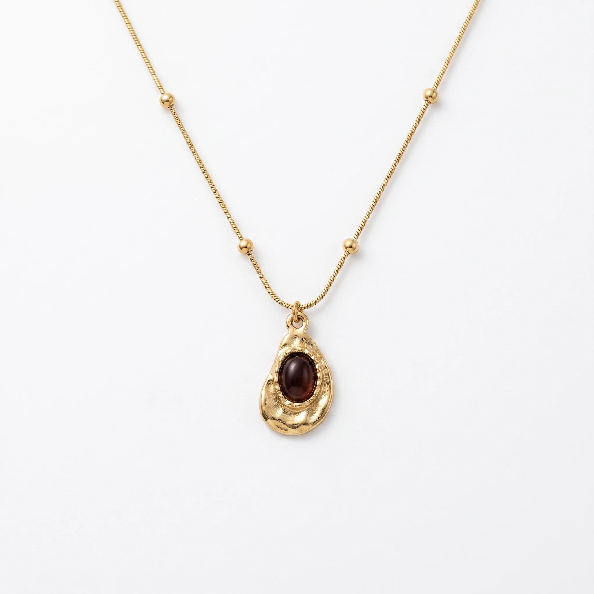 QIAOREN 13551 Stainless Steel Teardrop Pendant Necklace Gold Beaded Chain Black Stone Charm Vintage Jewelry for Women