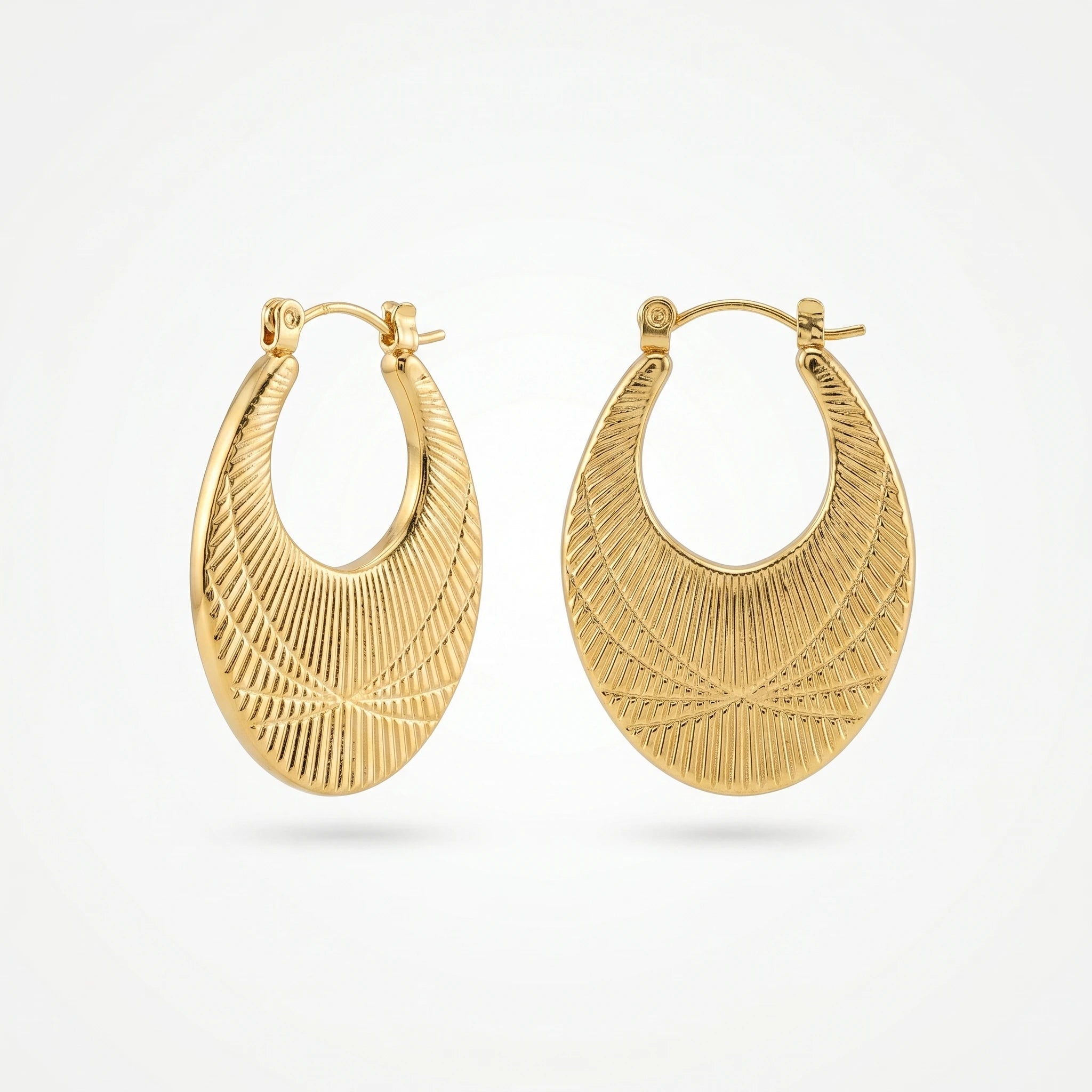 QIAOREN 12493  Sunburst Oval Hoop Earrings Gold Stainless Steel Textured Wide Ray Hoops Women Statement Jewelry US