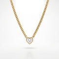 QIAOREN 13719-20 Curb Cuban Chain Heart Cut Clear Zircon Pendant Necklace, Bezel Set Heart Gem Polished Gloss Gold Necklace