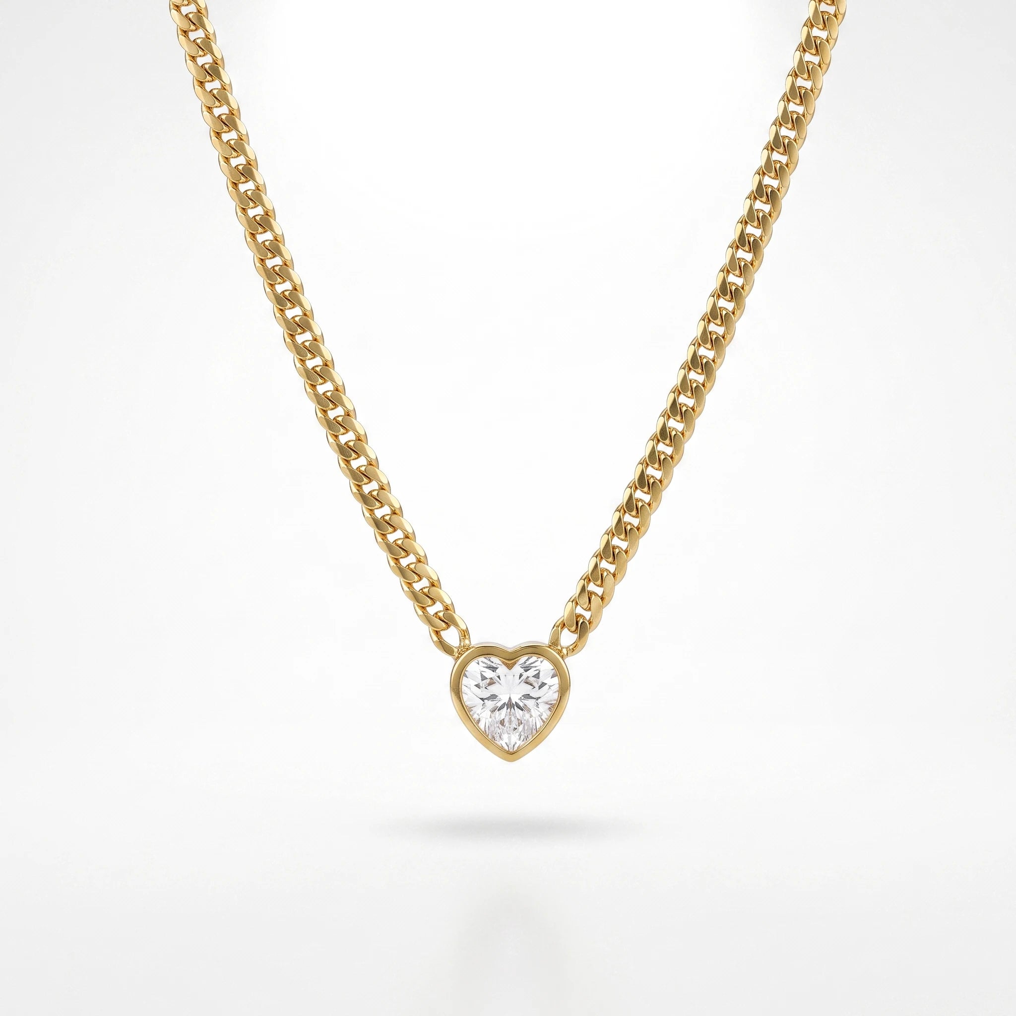 QIAOREN 13719-20 Curb Cuban Chain Heart Cut Clear Zircon Pendant Necklace, Bezel Set Heart Gem Polished Gloss Gold Necklace