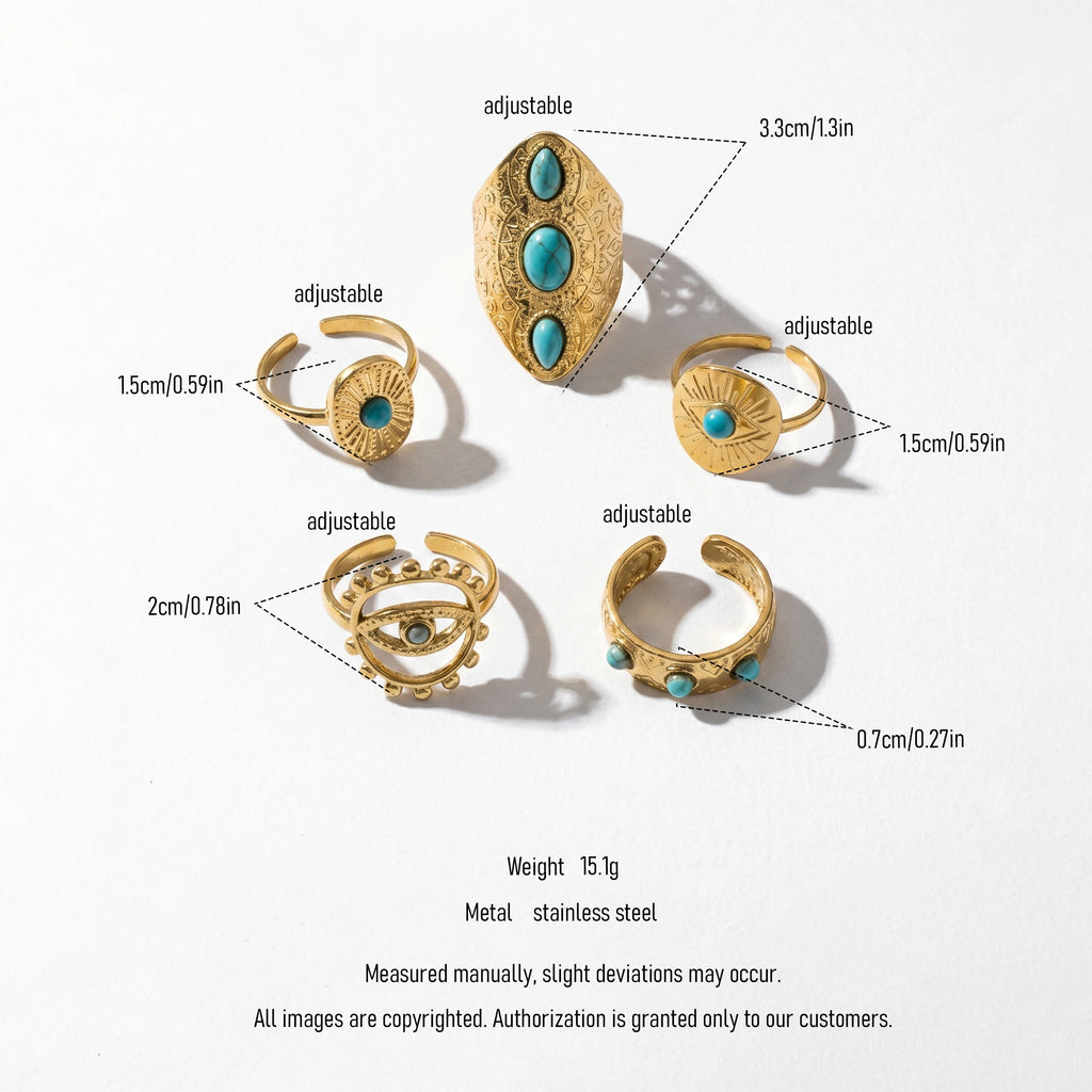 QIAOREN 10033 Stainless Steel Boho Turquoise Adjustable Ring Set Vintage Stackable Knuckle Rings Western Jewelry for Women