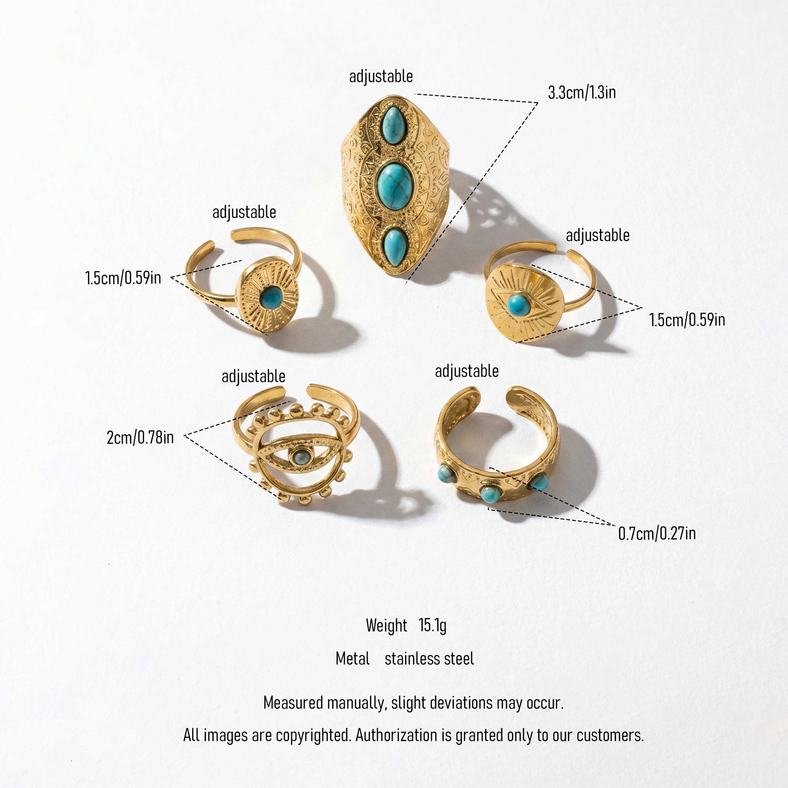 QIAOREN 10033 Stainless Steel Boho Turquoise Adjustable Ring Set Vintage Stackable Knuckle Rings Western Jewelry for Women