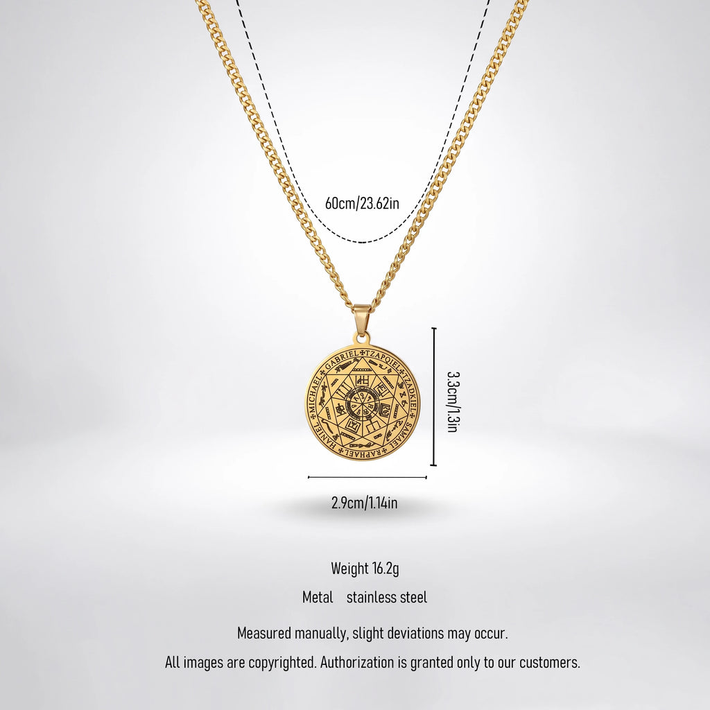 QIAOREN 11757 Anti-Tarnish 18K Gold Plated  Seven Archangel Stainless Steel Christian Solomon Pentagram Necklace