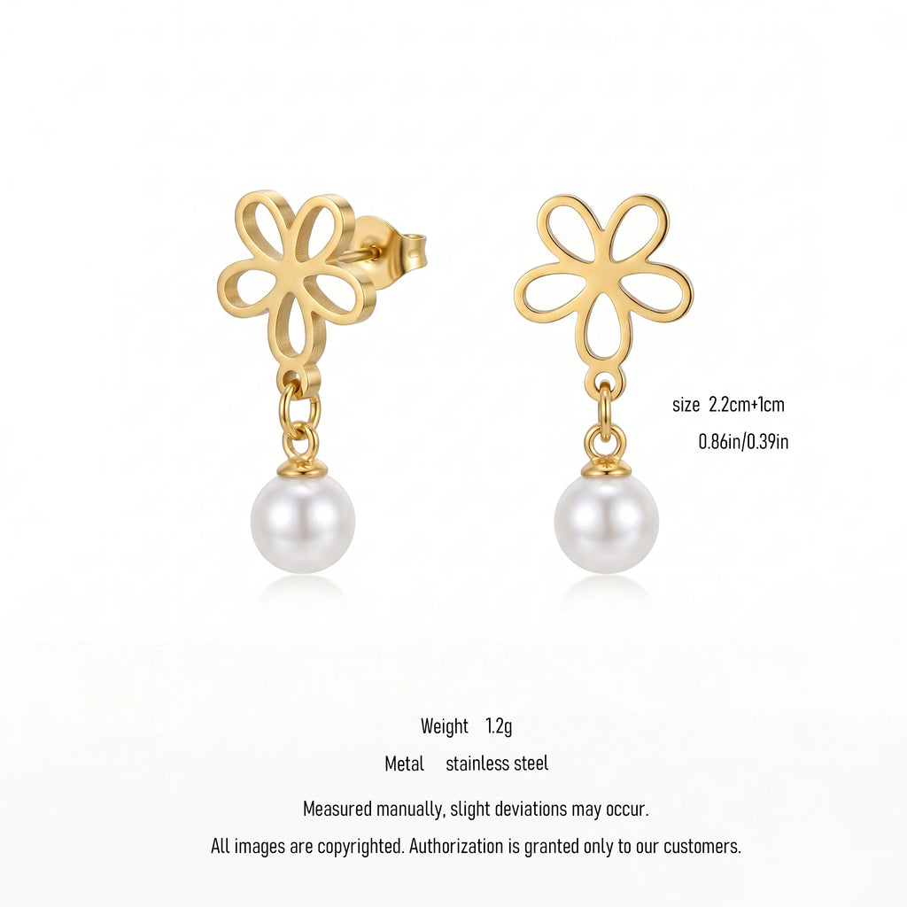QIAOREN 10833 18K Gold Plated Stainless Steel Flower Stud Earrings with Pearl Drop for Women