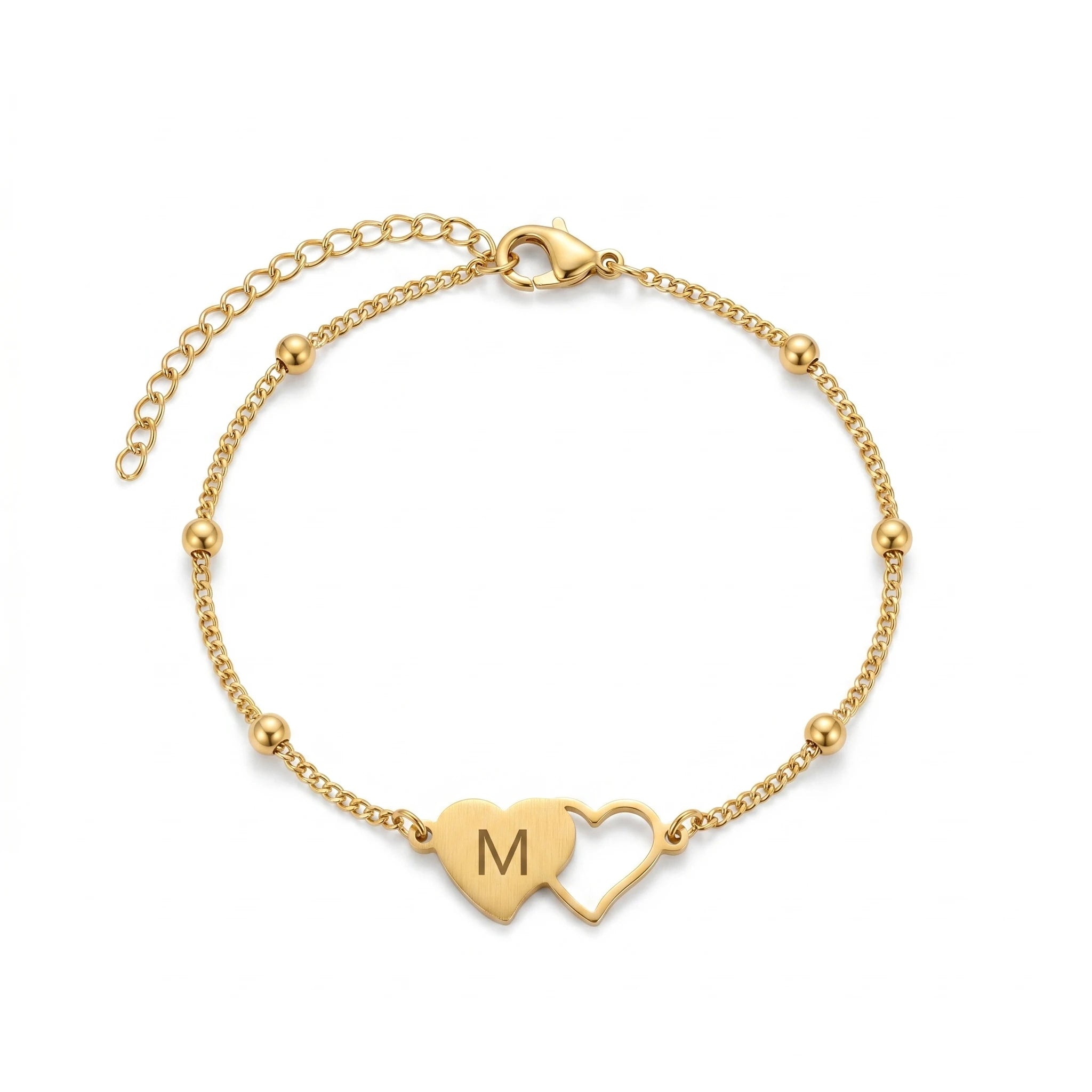QIAOREN 10731 Stainless Steel M Heart-to-Heart Charm Bracelet Trendy 18K Gold Finish Waterproof Adjustable Unisex Chain & Link