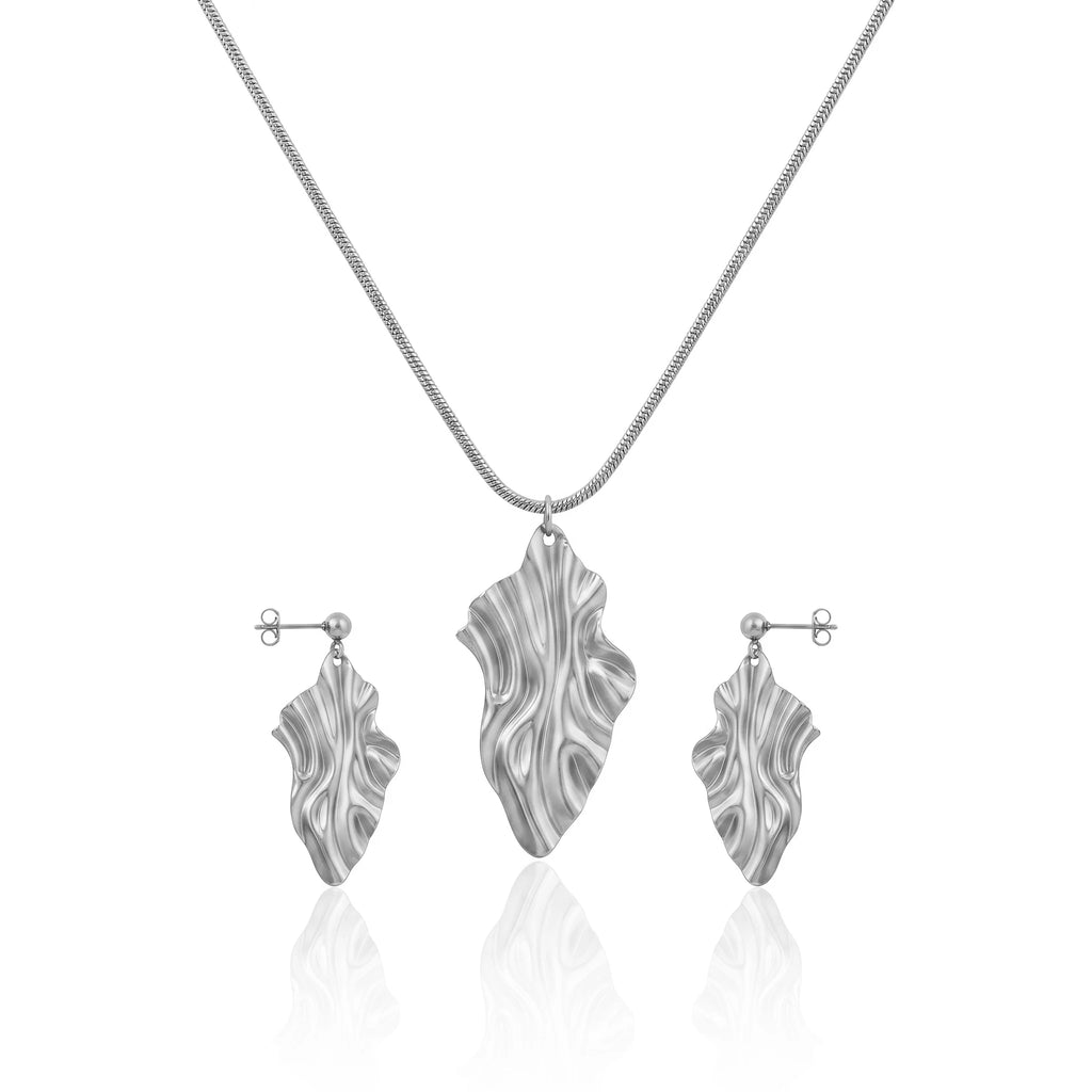 18K Gold Plated Irregular Textured Leaf Necklace Set, Waterproof Tarnish Free Stainless Steel Abstract Jewelry