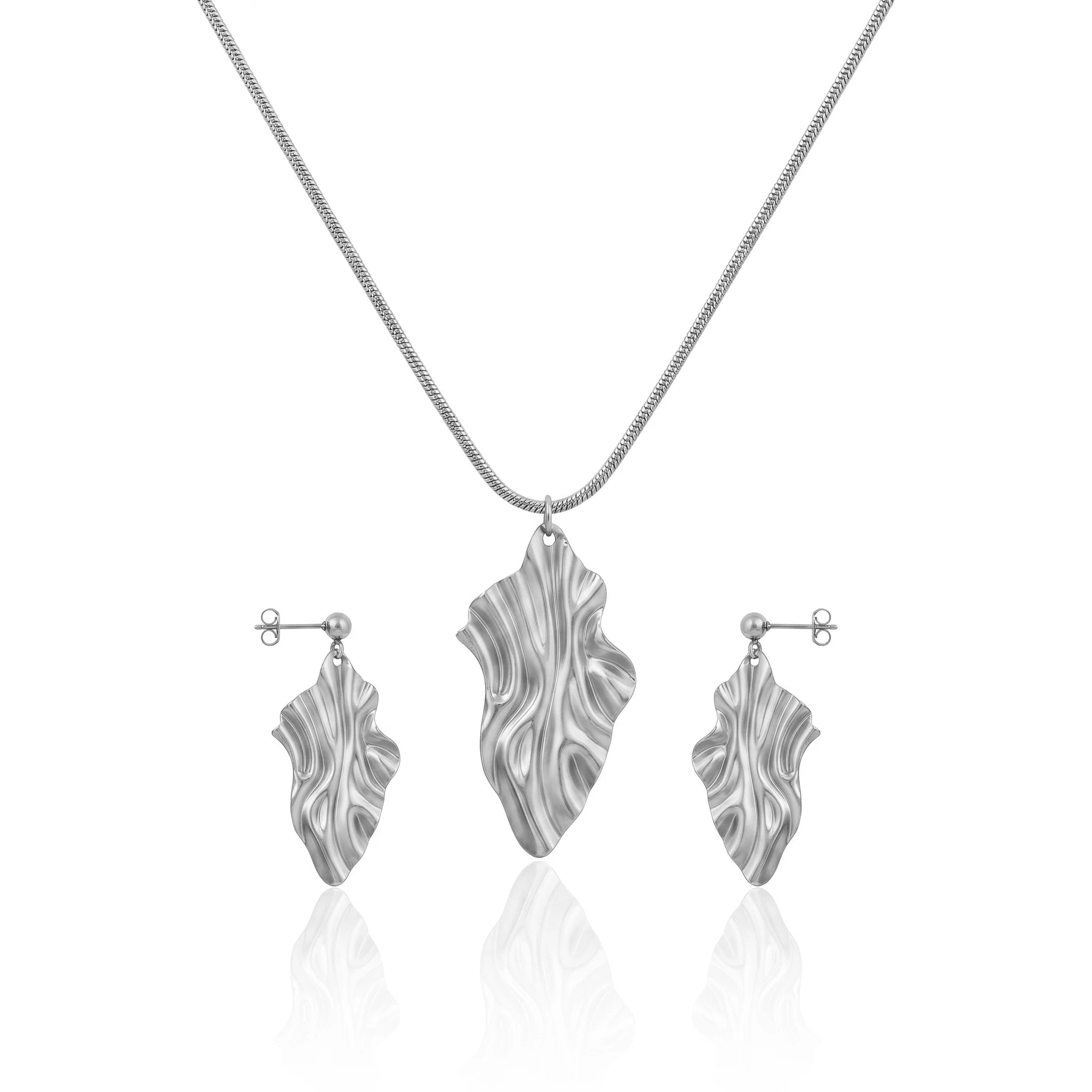 18K Gold Plated Irregular Textured Leaf Necklace Set, Waterproof Tarnish Free Stainless Steel Abstract Jewelry