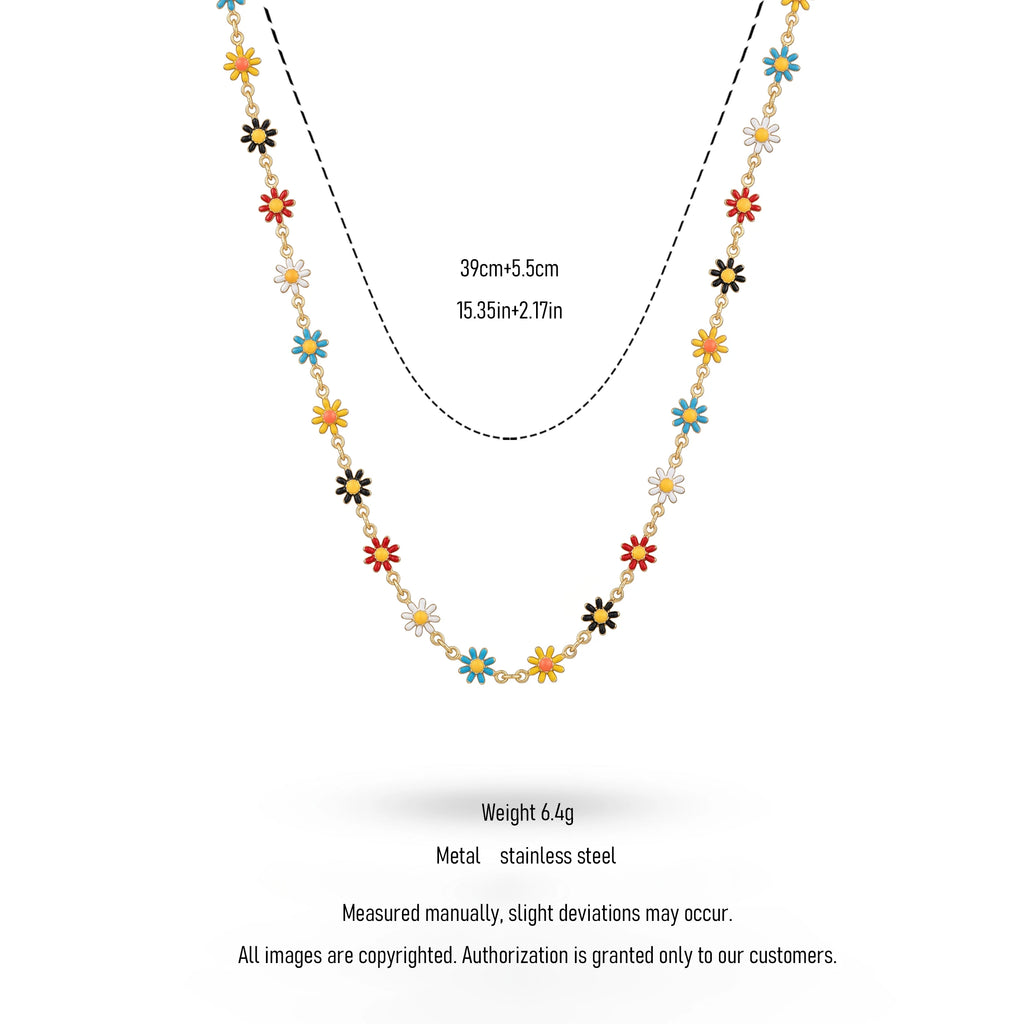 QIAOREN 13467 Colorful Enamel Daisy Flower Chain Necklace, Cute Floral Neck Jewelry with Multi Color Mini Daisy Charms