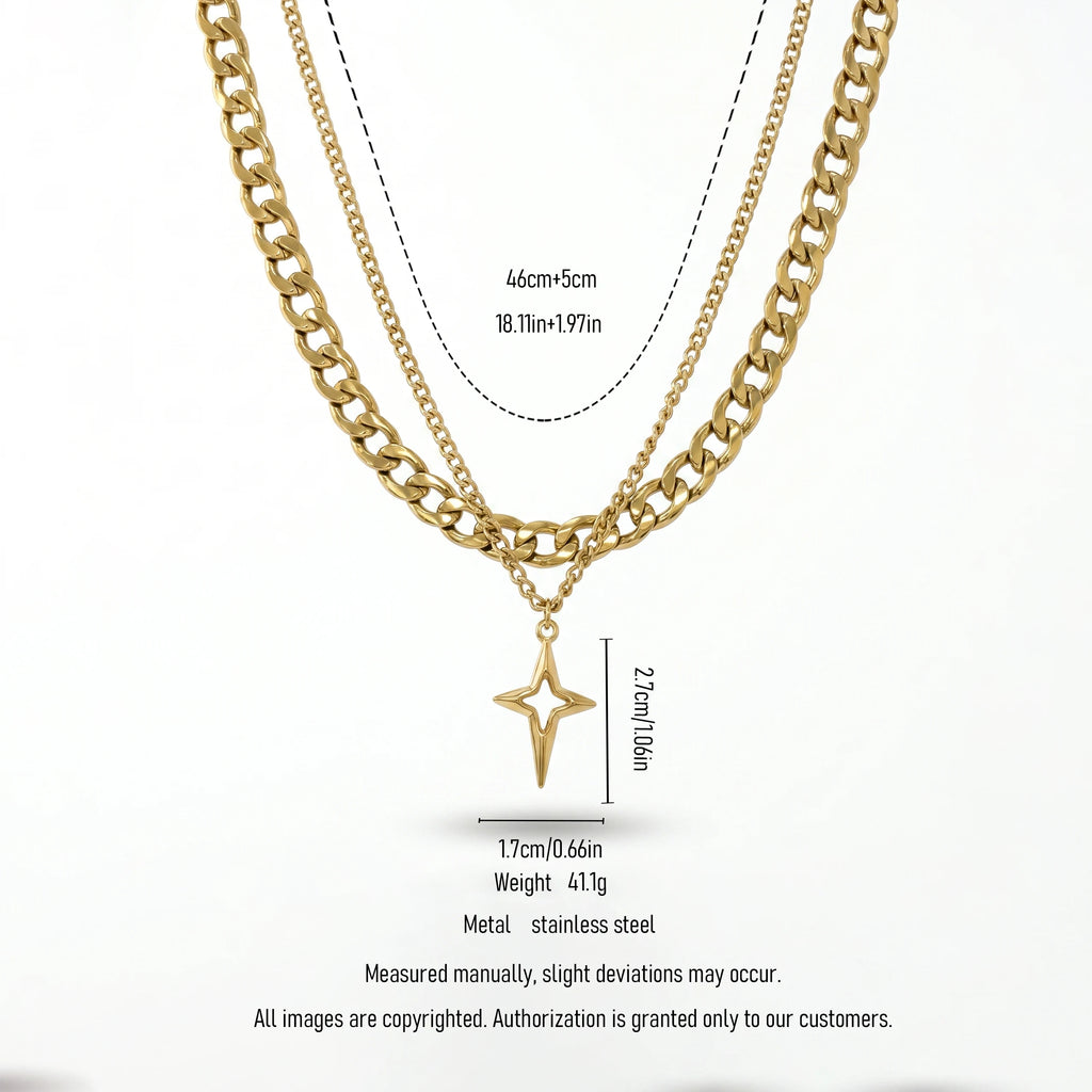 QIAOREN 11314 Edgy Layered Chunky Chain Hollow Star Pendant Necklace 18K Gold Plated Stainless Steel Waterproof Jewelry