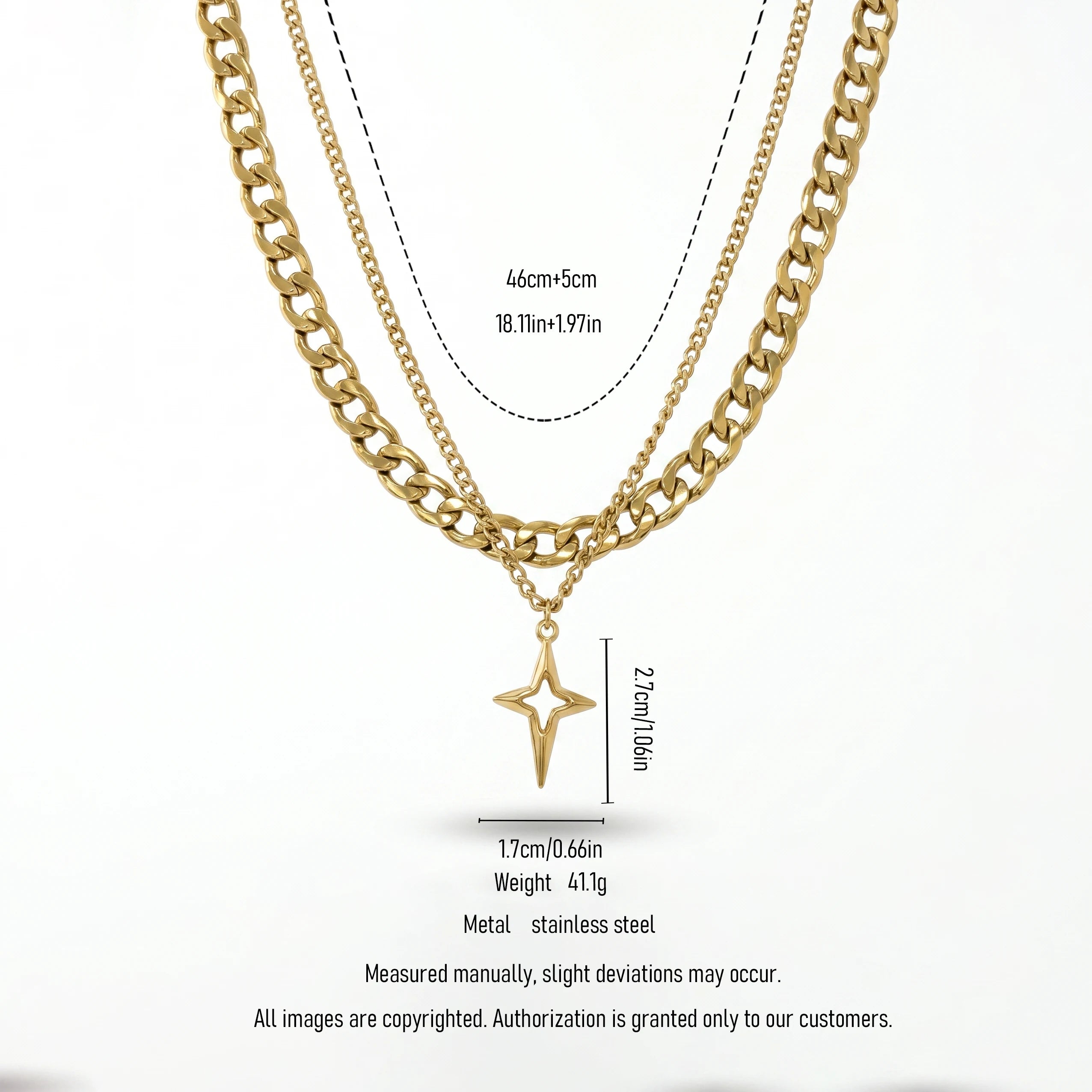 QIAOREN 11314 Edgy Layered Chunky Chain Hollow Star Pendant Necklace 18K Gold Plated Stainless Steel Waterproof Jewelry