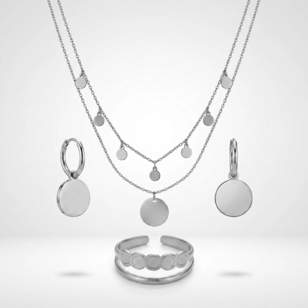 QIAOREN 10901 3pcs Disc Jewelry Set Stainless Steel Layered Necklace Hoop Earrings Adjustable Ring-Trendy Women's Jewelry