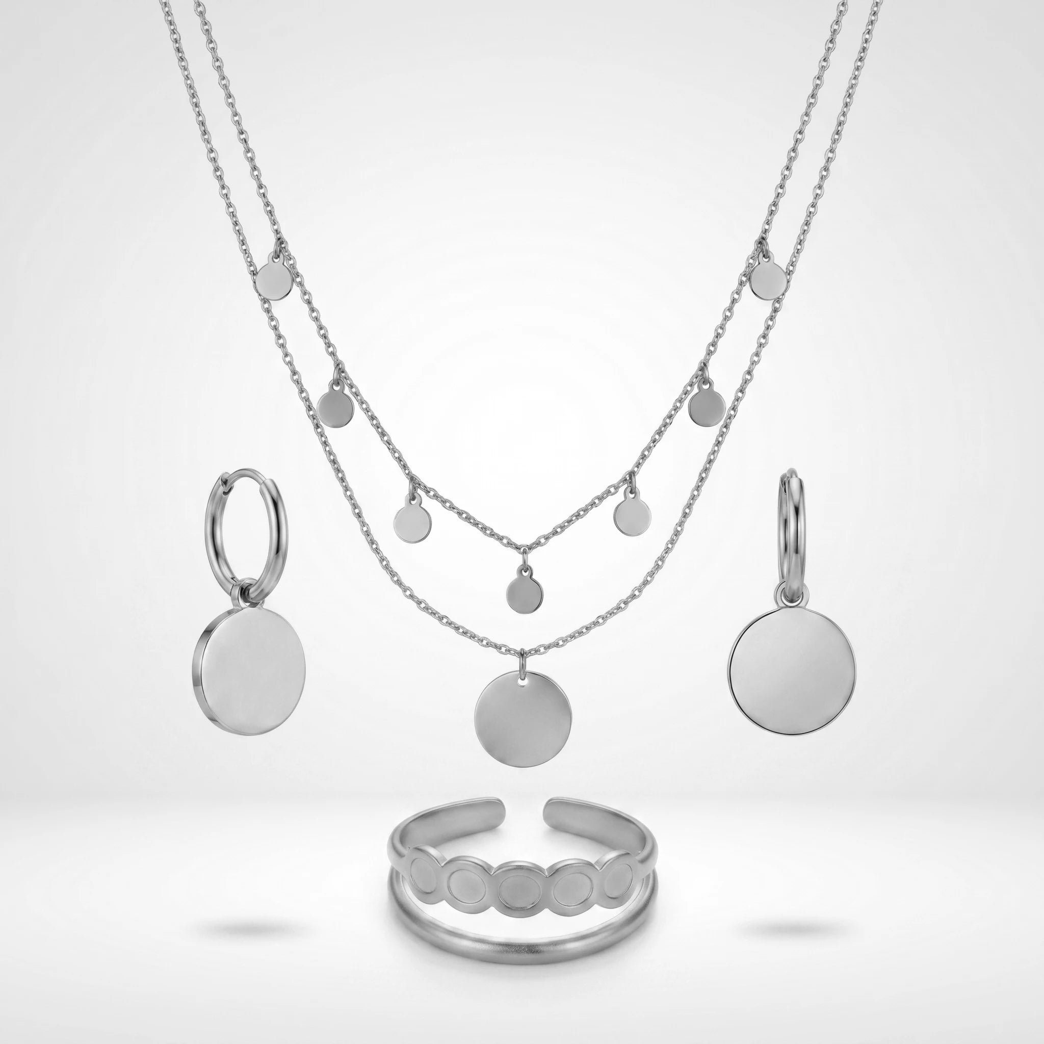 QIAOREN 10901 3pcs Disc Jewelry Set Stainless Steel Layered Necklace Hoop Earrings Adjustable Ring-Trendy Women's Jewelry