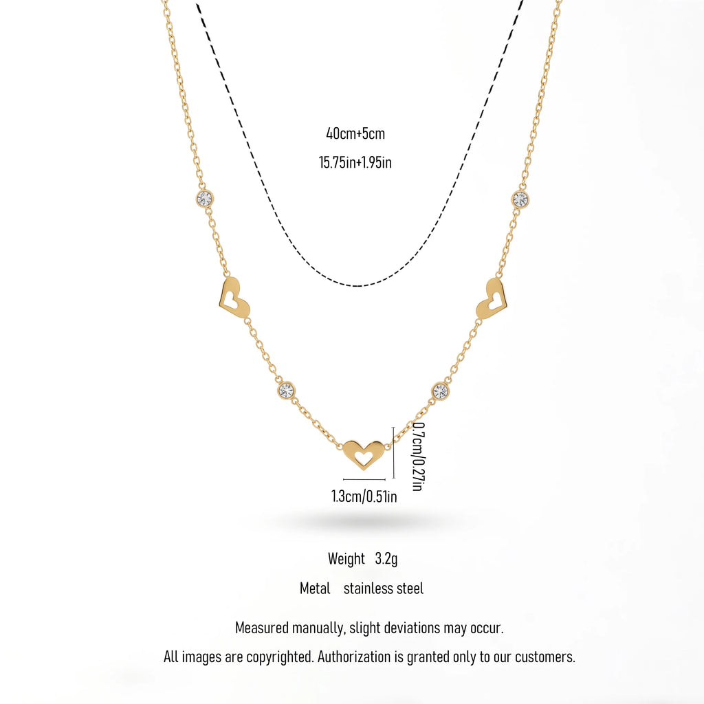 QIAOREN 13165 Gold Plated Open Heart Station Necklace Stainless Steel CZ Chain Necklace Dainty Layering Jewelry for Women