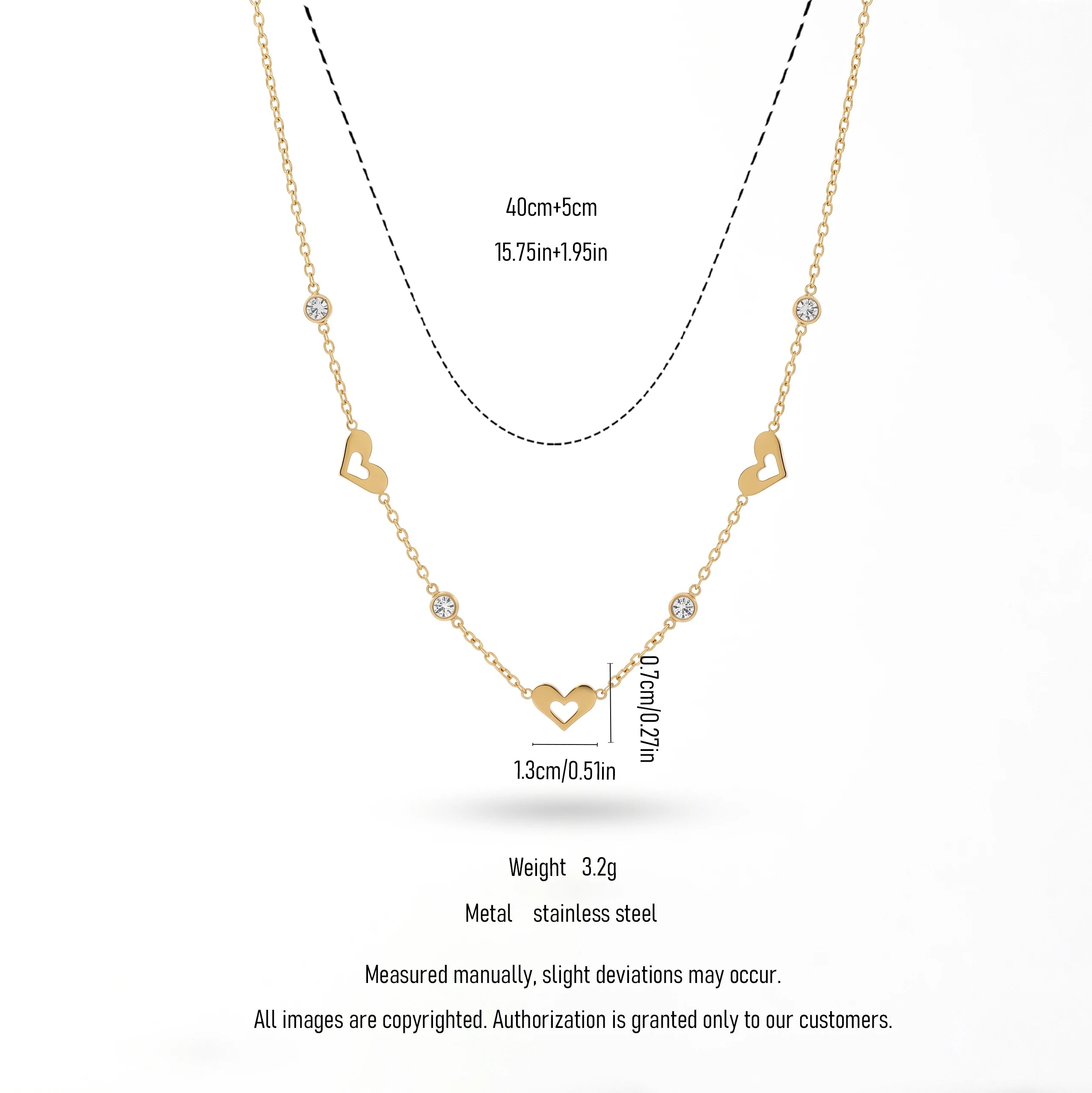 QIAOREN 13165 Gold Plated Open Heart Station Necklace Stainless Steel CZ Chain Necklace Dainty Layering Jewelry for Women