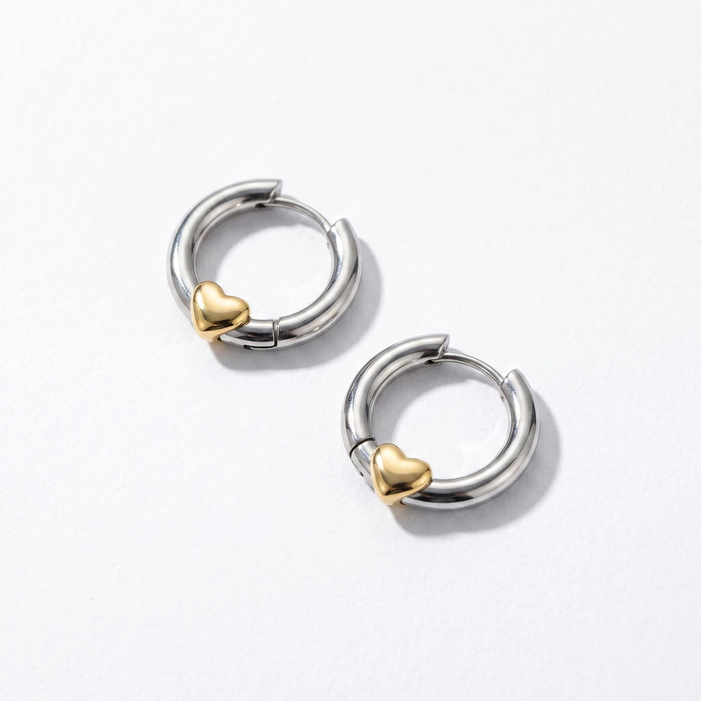 QIAOREN 12756 Hypoallergenic Silver Huggie Hoop Earrings With Gold Heart Charm Stainless Steel Contrast Ear Jewelry