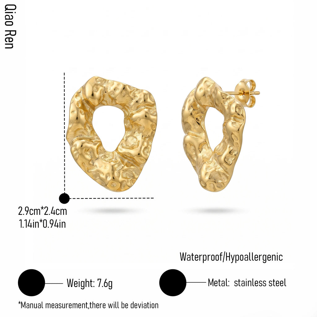 QIAOREN 14065 Hammered Irregular Hollow Oval Stud Earrings, Crinkled Organic Textured Open Ring Ear Stud Jewelry Gift
