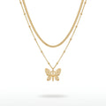 QIAOREN 11638 Waterproof 18K Gold Plated Stainless Steel Trendy Layered Necklace Matte Hollow Butterfly Pendant for Women Gift