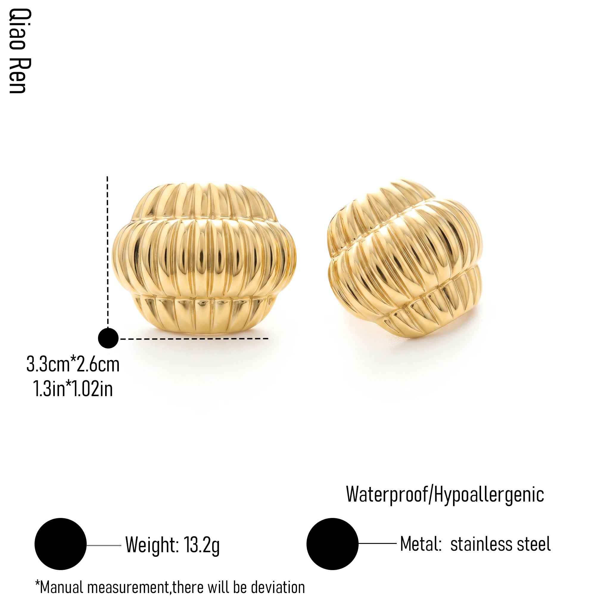 QIAOREN 14049  Polished Gold Vertical Fluted Oval Stud Earrings, Ribbed Textured Chunky Dome Ear Stud Jewelry Gift