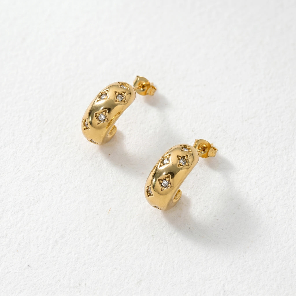 QIAOREN 12430 Tarnish Free Celestial Star Dome Earrings 18K Gold Plated Stainless Steel Puffy Flush Set Zircon Letter