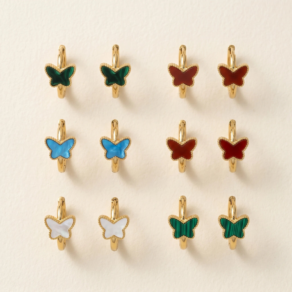 QIAOREN 12158-62 18K Gold Plated Stainless Steel Butterfly  Earrings Multi Color Shell Malachite Hoop Jewelry