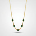 QIAOREN 13524 Flat Snake Chain Station Necklace with Five Oval Emerald Green Cabochon Stone Charms, Gold Bezel Set Natural