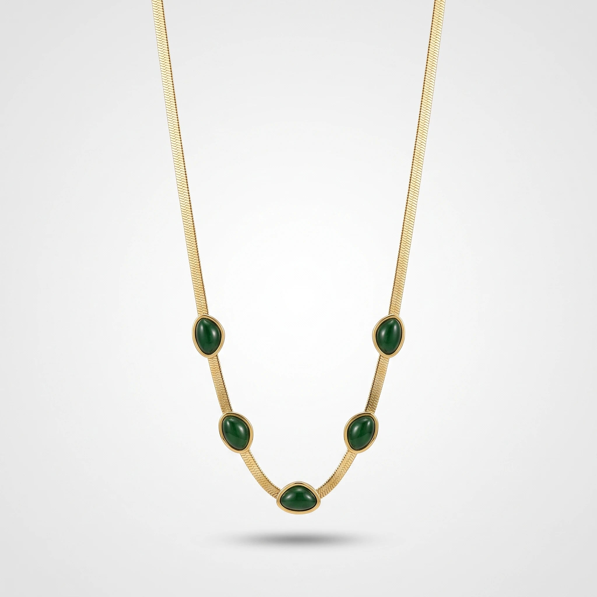 QIAOREN 13524 Flat Snake Chain Station Necklace with Five Oval Emerald Green Cabochon Stone Charms, Gold Bezel Set Natural