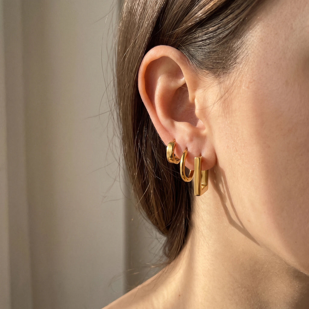 QIAOREN 14476 3 Pair Gold Stainless Steel Huggie Hoop Earrings Set, Square Frame Hoops, Thick Round Hoops & Wide Flat Hoops