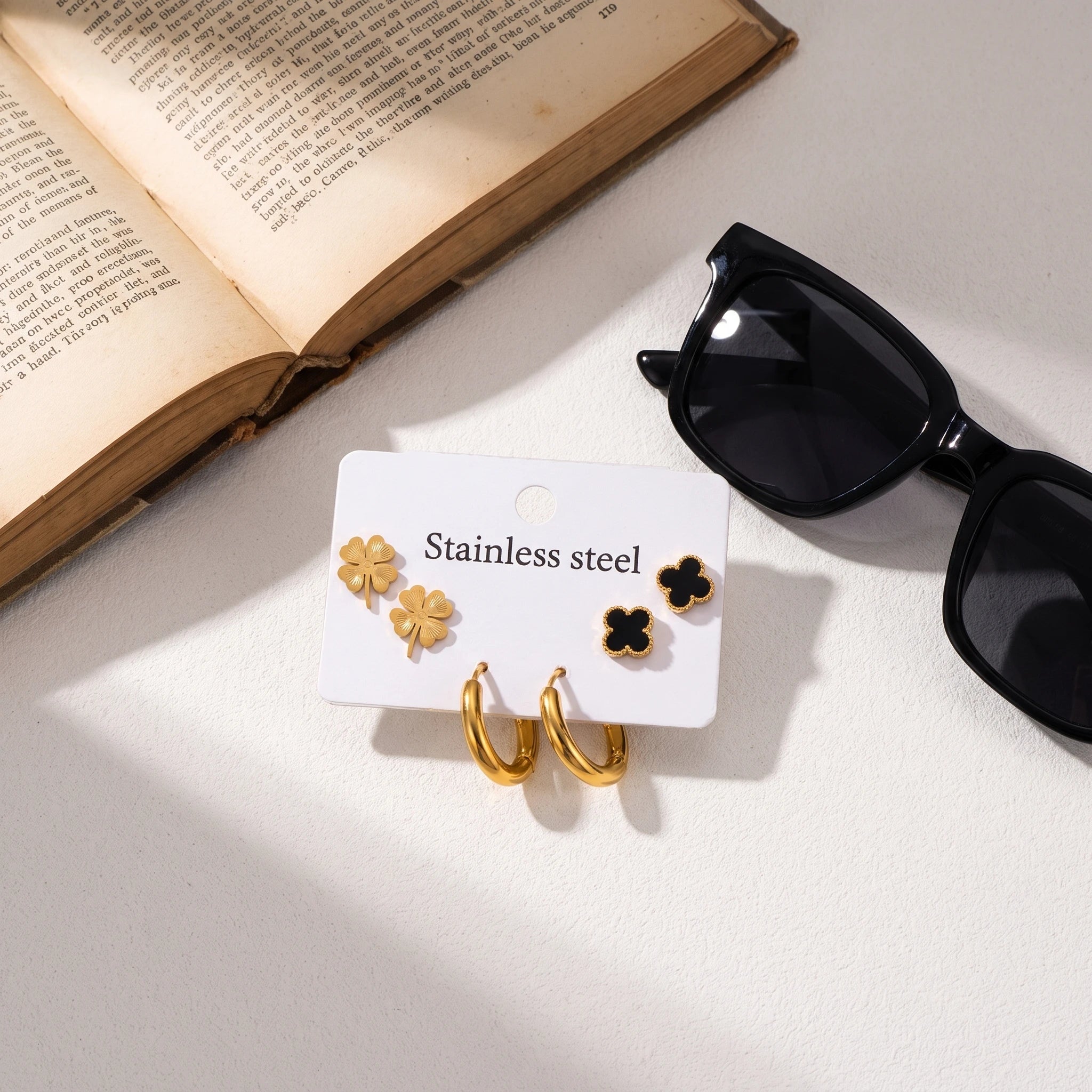 QIAOREN 14462 3 Pair Gold Stainless Steel Earrings Set, Textured Clover Studs, Black Enamel Clover Studs & Chunky Earrings