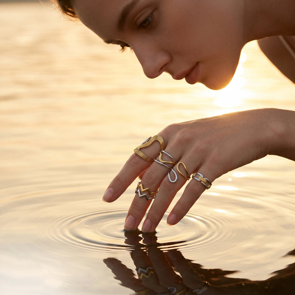 QIAOREN 12954-58 Gold Plated Stainless Steel Two Tone Snake Star Adjustable Rings Set Tarnish Free Waterproof Jewelry